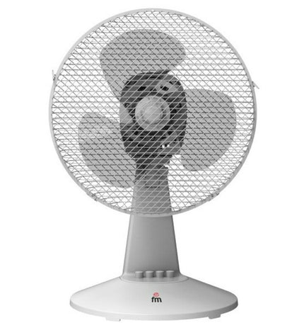 Grupo FM SB130 30cm table fan with 30W motor, circular air outlet, portable cooling for home and kitchen use.
