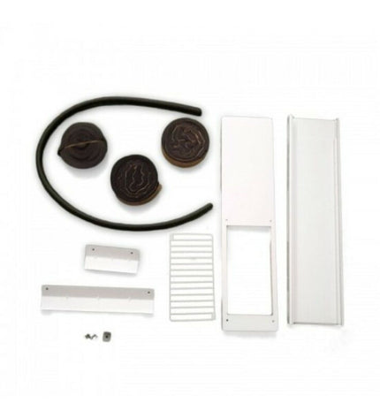 Daitsu electric installation kit ACCDWK2 in white for portable air conditioning units, shown with connectors and components.