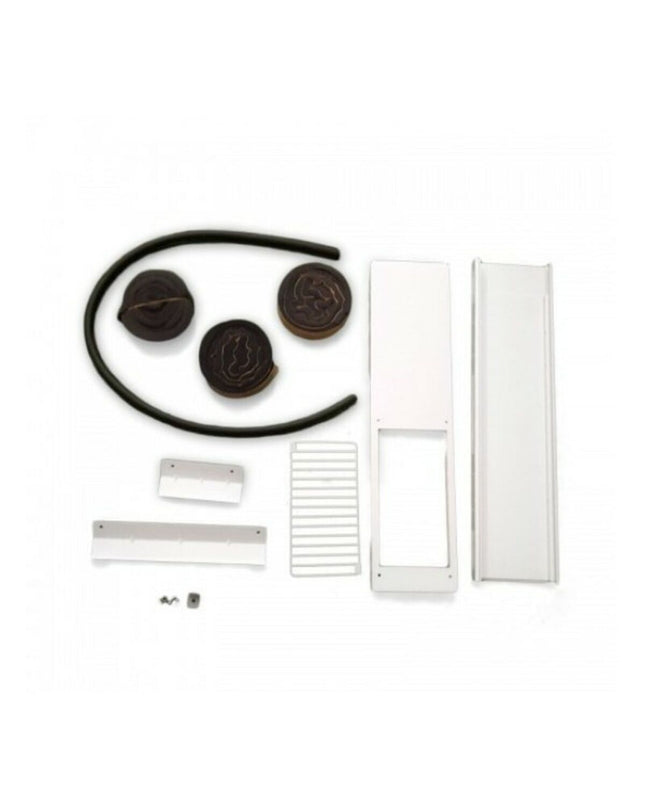 Daitsu electric installation kit ACCDWK2 in white for portable air conditioning units, shown with connectors and components.