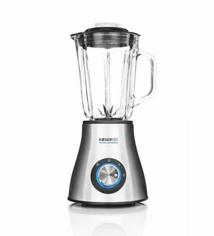 Haeger LQ-600.007A silver-gray 1.5L 600W mixer for kitchen use, compact electric appliance with sleek design and control buttons