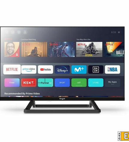 Engel LE2485SM 24-inch LED Smart TV showing a colorful screen with TV interface, electronic home entertainment device.