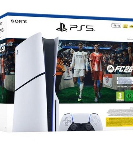 PlayStation 5 Slim 1TB console with stand and EA Sports FC 26 digital game, featuring sleek design and 1TB storage.
