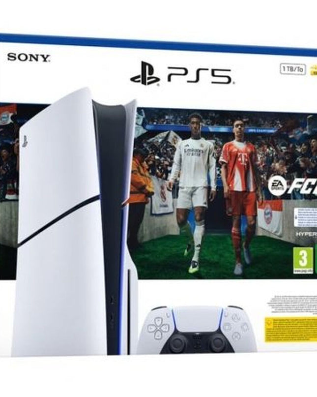 PlayStation 5 Slim 1TB console with stand and EA Sports FC 26 digital game, featuring sleek design and 1TB storage.