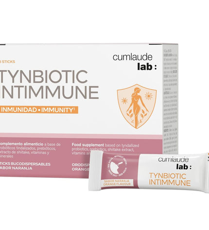 Cumlaude Lab TYNBIOTIC INTIMMUNE dietary supplement box with 28 capsules for immune and digestive health.
