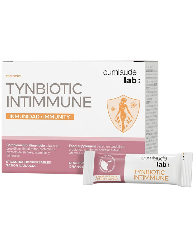 Cumlaude Lab TYNBIOTIC INTIMMUNE dietary supplement box with 28 capsules for immune and digestive health.