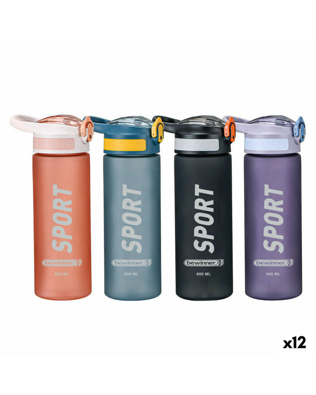 Set of 12 Bewinner 600 ml water bottles for sport, outdoor, camping, and hiking, featuring a compact design and secure caps.