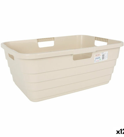 Set of 12 beige Tontarelli Maya plastic laundry baskets, 54.5x37.5x22 cm, ideal for home storage and organization.