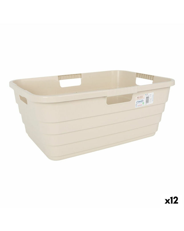 Set of 12 beige Tontarelli Maya plastic laundry baskets, 54.5x37.5x22 cm, ideal for home storage and organization.