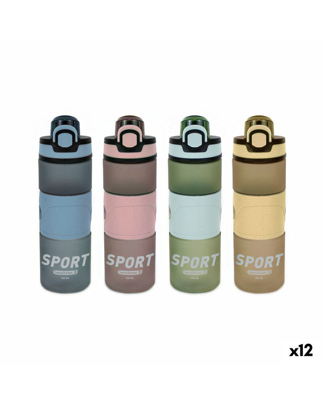 Set of 12 Bewinner 500 ml water bottles for sports, outdoor, camping, and hiking, shown with black caps and transparent bodies.