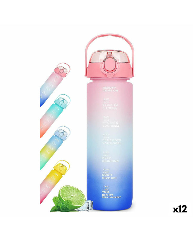 Set of 12 Bewinner multicolour 600ml water bottles for sport, outdoor, camping, and hiking, showing colorful bottles with caps.