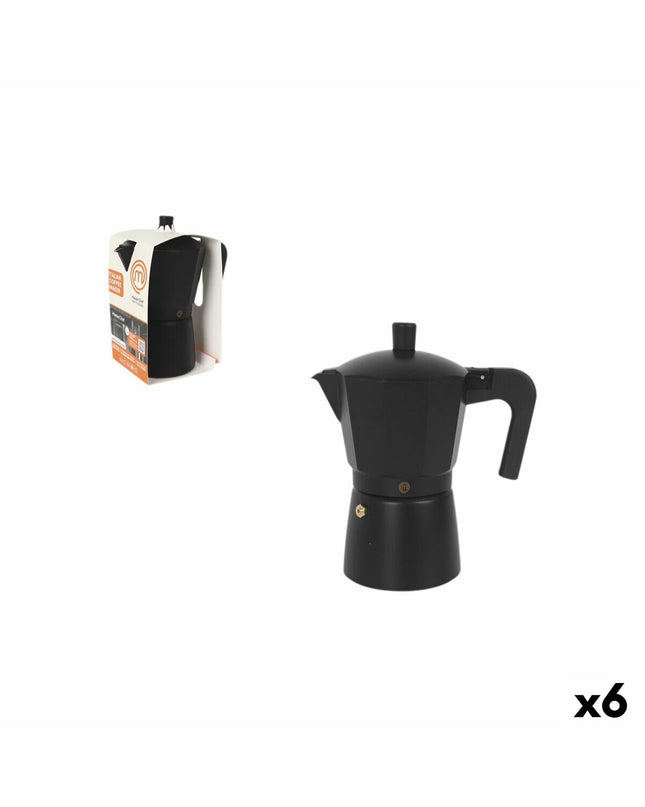 Set of six MasterChef Italian coffee pots for brewing espresso, featuring classic design and stainless steel construction.