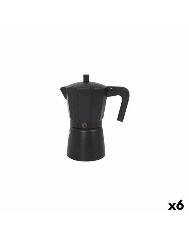 Set of six MasterChef Italian coffee pots for brewing espresso, featuring classic stovetop moka design in stainless steel.