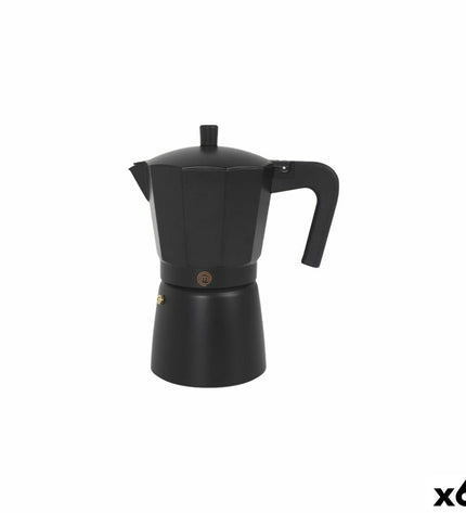 Set of six MasterChef Italian coffee pots, traditional stovetop moka brewers for rich, aromatic coffee brewing.