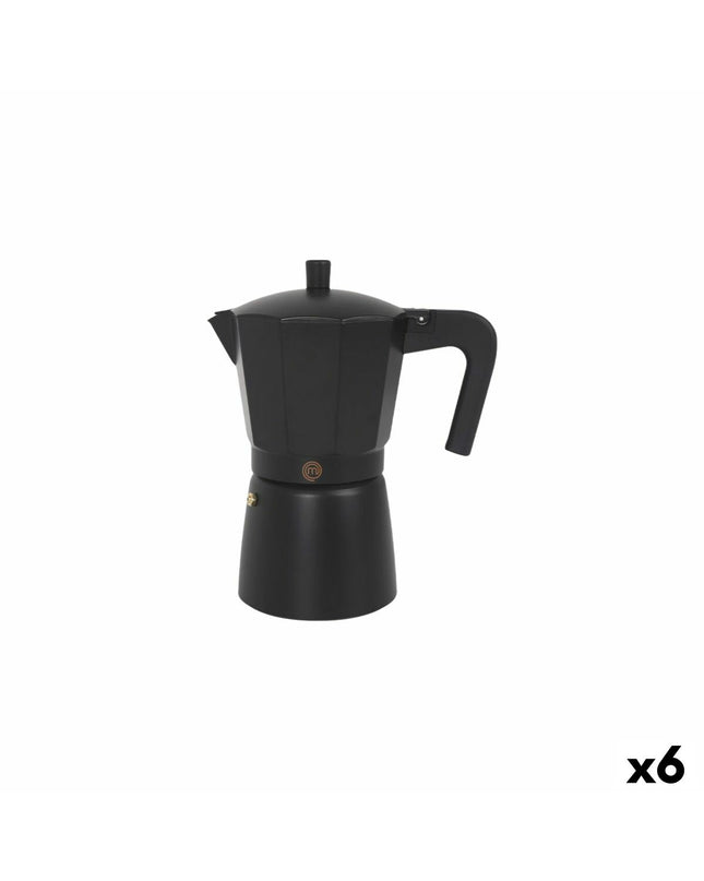 Set of six MasterChef Italian coffee pots, traditional stovetop moka brewers for rich, aromatic coffee brewing.