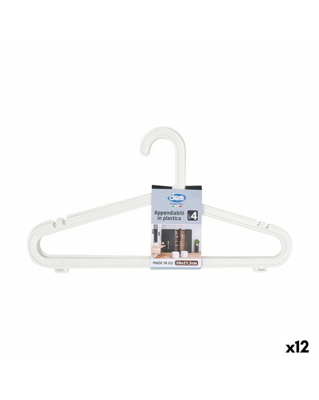 Set of 12 Dem plastic clothing hangers with 4 parts, ideal for home organization and wardrobe storage.