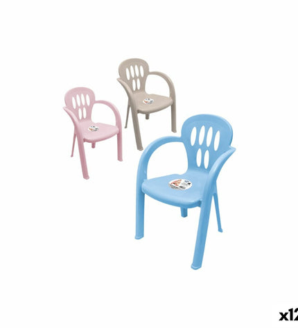 Child's Dem brand chair measuring 35 x 33 x 90 cm, made for kids, with a wooden seat and colorful frame.