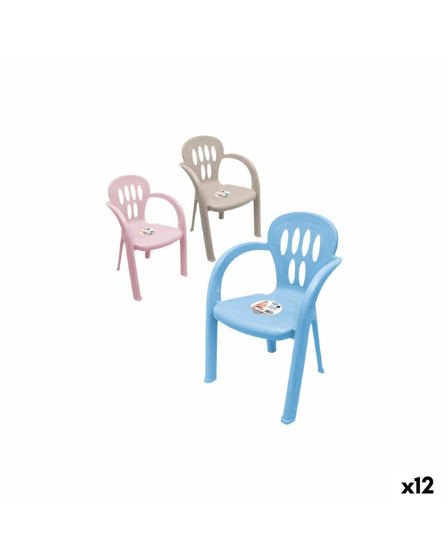 Child's Dem brand chair measuring 35 x 33 x 90 cm, made for kids, with a wooden seat and colorful frame.