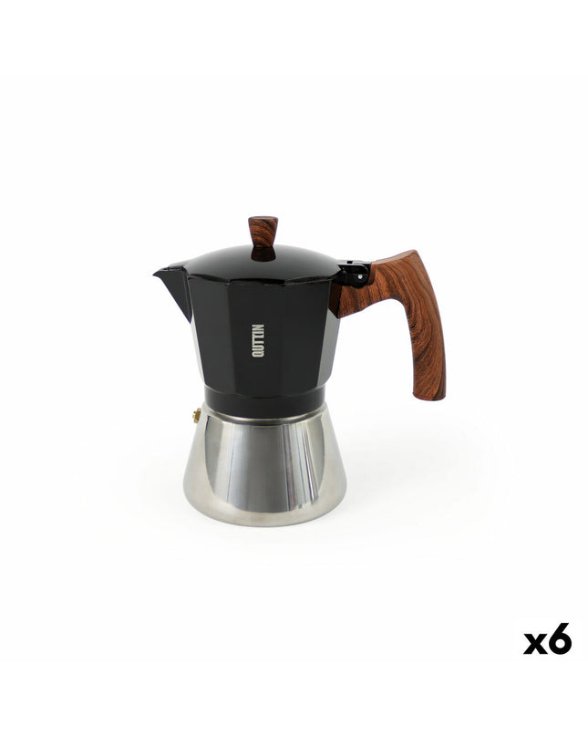 Quttin zwarte Italiaanse koffiepot, 0,3L, six stuks, voor huis en koken, koffie en thee, close-up van de iconische design.