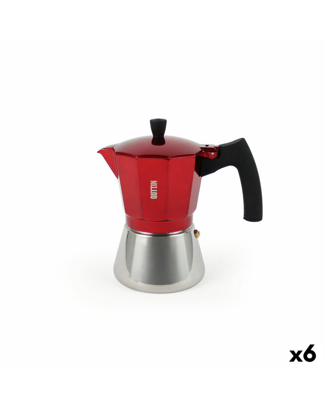 Six red Quttin Italian coffee pots in aluminum, 0.45 L each, for brewing espresso-style coffee in the kitchen.