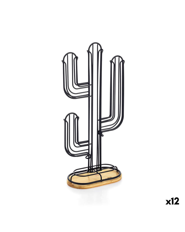 Quttin koffiecapsule organizer in zwart en bamboe, 19.5x9.5x41.5 cm, holds 12 capsules, with cactus design for kitchen storage.