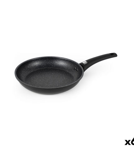 Set of six Quttin Universe black aluminum pans, 24 cm diameter, suitable for home cooking and kitchen use.