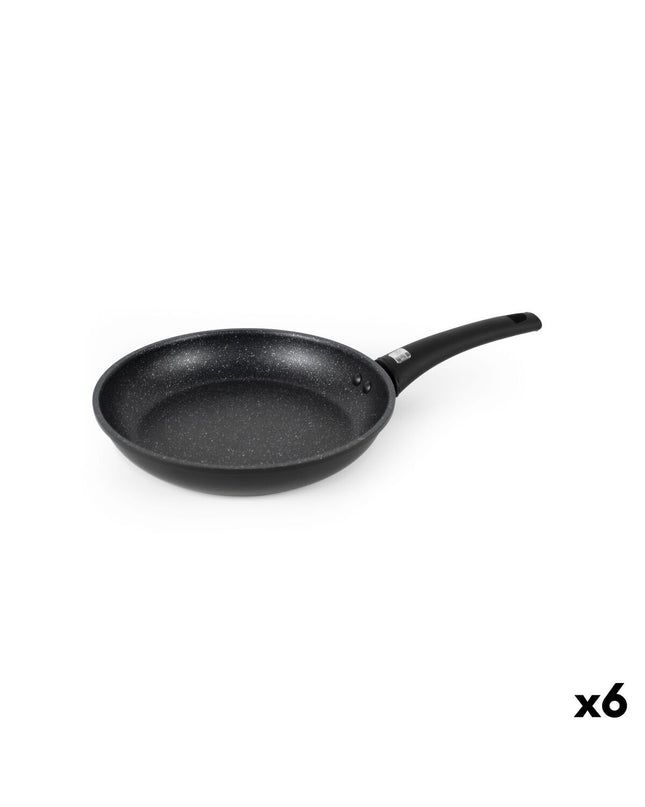 Set of six Quttin Universe black aluminum frying pans, 28 cm diameter, ideal for kitchen and cooking use.