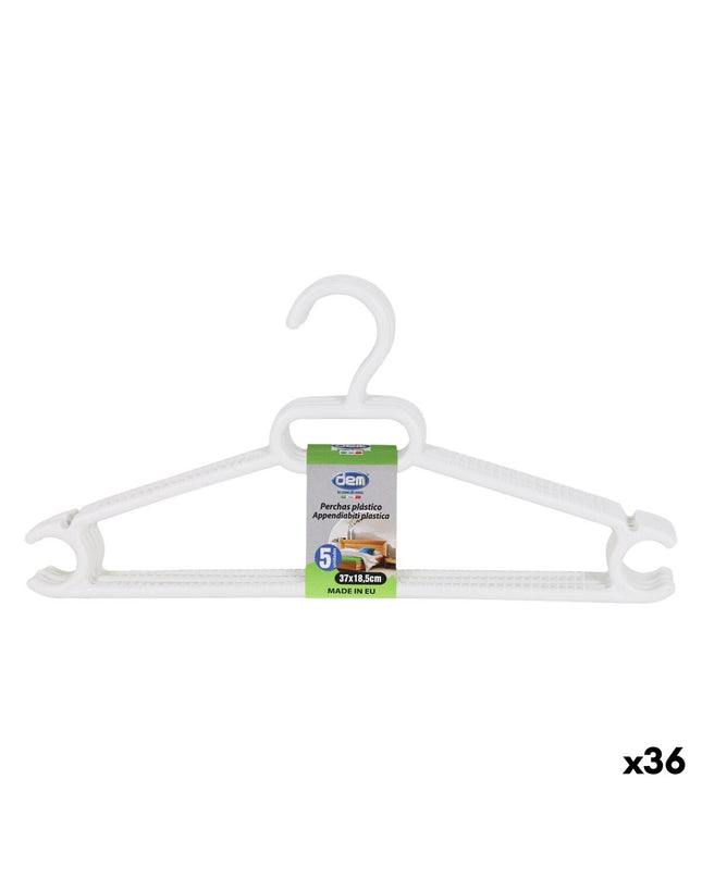 Set of five white plastic Kleerhangers from Dem, 37 cm long, for home organization, with 36 hangers shown on a clean background.
