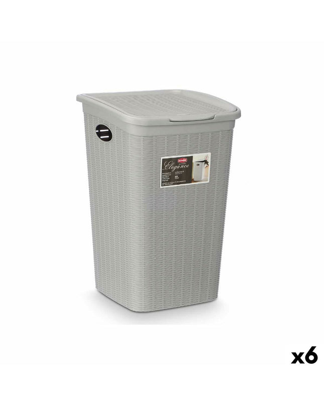 Six Stefanplast light gray plastic storage containers, 50L, 36x54.5x38cm for home organization and kitchen storage.
