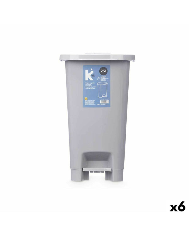 Set of six gray plastic 25L pedal trash bins from BigBuy Home, ideal for household kitchen storage and waste organization.