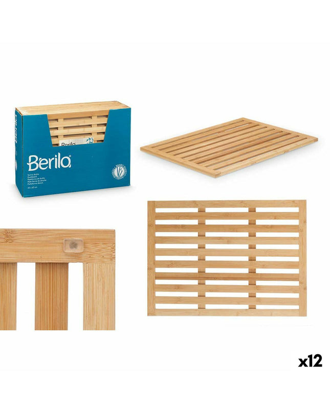 Set of 12 Berilo bamboo bath mats in natural finish, measuring 62 x 45 cm and 45 x 62 cm, for bathroom and household use.