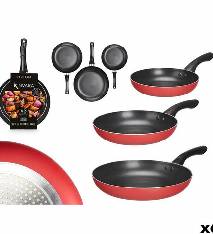 Set of six Kinvara aluminium cookware pans in black and red with Bakelite handles, various sizes for kitchen and cooking use.