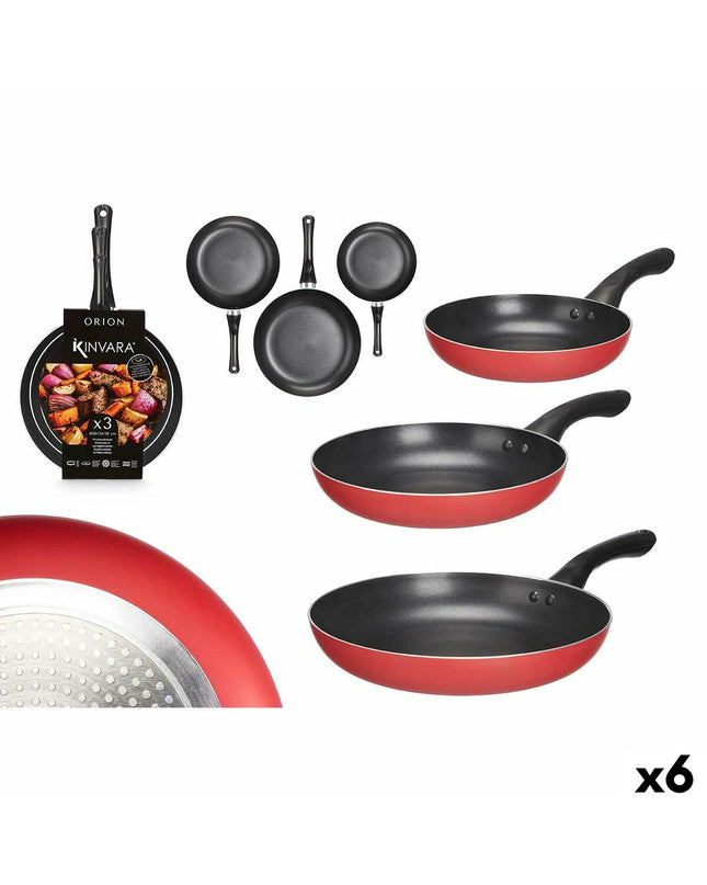 Set of six Kinvara aluminium cookware pans in black and red with Bakelite handles, various sizes for kitchen and cooking use.