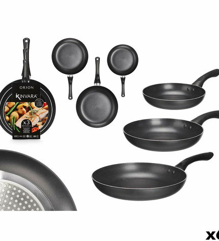 Set of six Kinvara aluminum cookware pans with Bakelite handles, various sizes, ideal for kitchen cooking and household use.