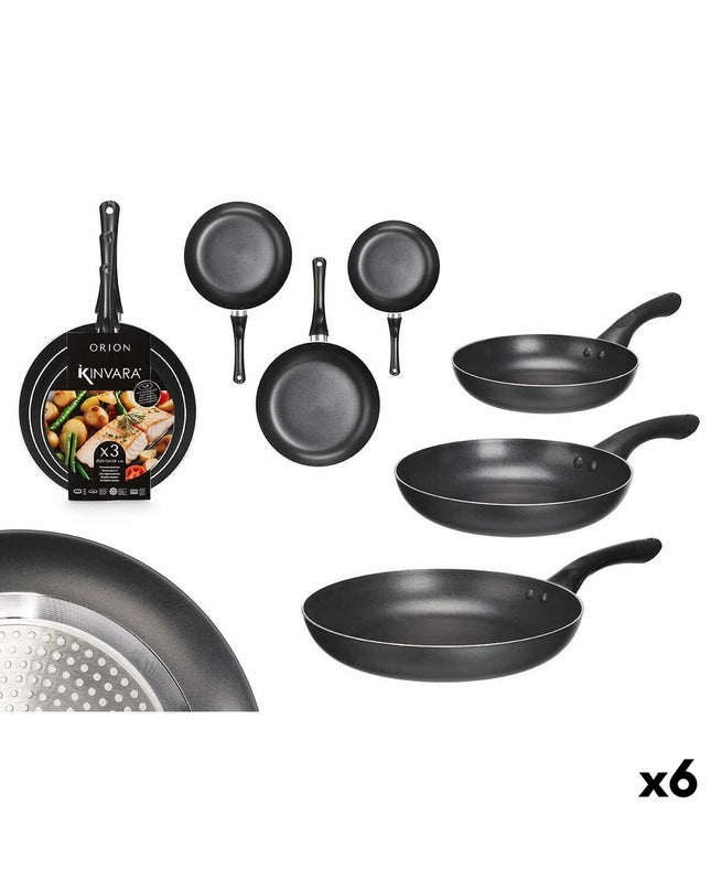 Set of six Kinvara aluminum cookware pans with Bakelite handles, various sizes, ideal for kitchen cooking and household use.