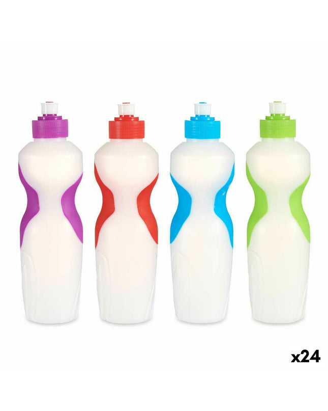 Set of 24 Leknes 700ml polyethylene water bottles for sports, outdoor activities, camping, and hiking, shown with caps.