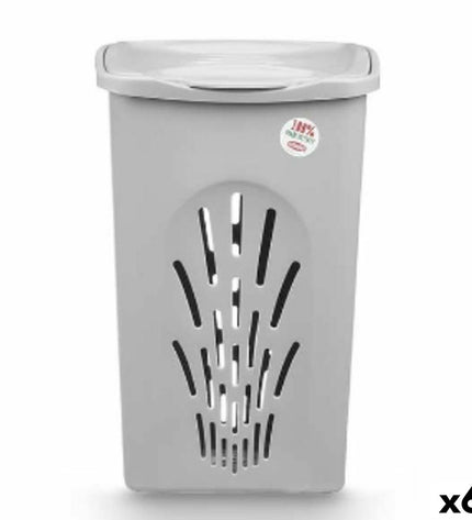 Six gray Stefanplast plastic laundry baskets with handles, 50L capacity, measuring 37x56x39 cm, for home organization.