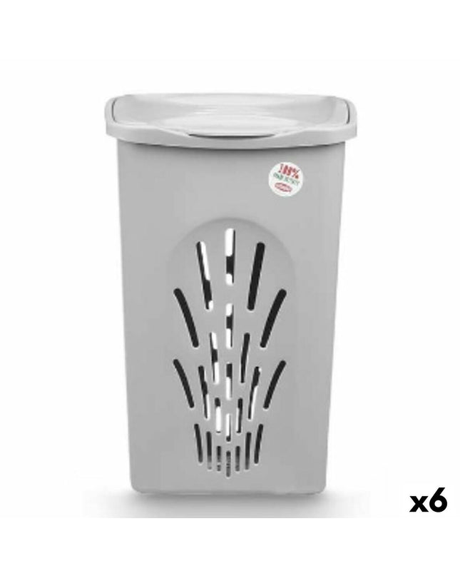 Six gray Stefanplast plastic laundry baskets with handles, 50L capacity, measuring 37x56x39 cm, for home organization.
