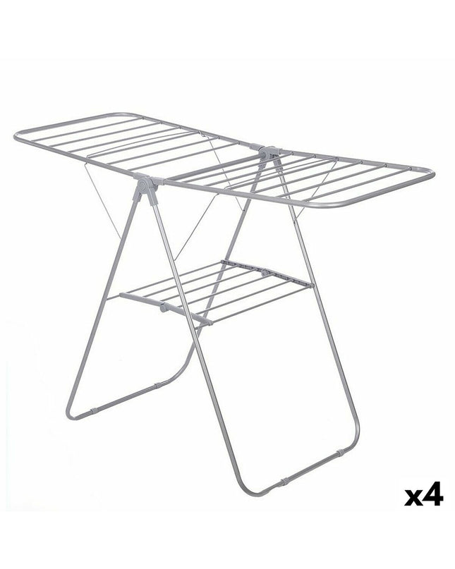 Gray foldable metal clothes drying racks, 136.5 x 59 x 93.5 cm, shown in a home storage setting with four units stacked or arranged.