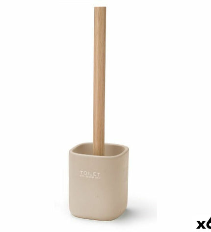 Berilo beige toilet brush set with wooden handle, polyresin holder, for bathroom cleaning, 6-piece set, 9.6x37x9.5 cm