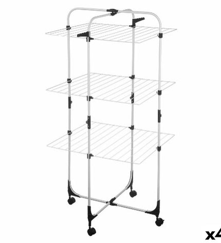 White and black foldable vertical clothing drying rack on wheels, metal, 69x135x62.5 cm, for household storage and organization.