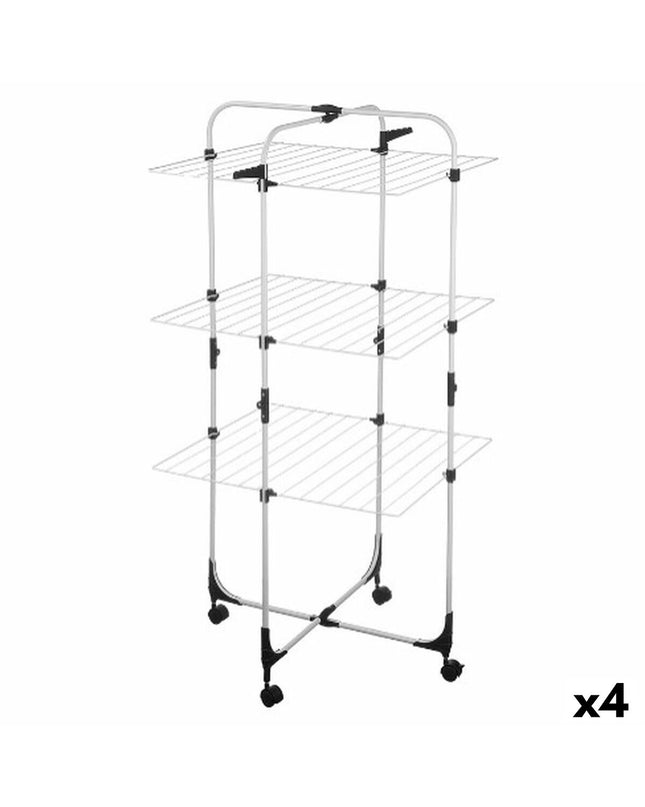 White and black foldable vertical clothing drying rack on wheels, metal, 69x135x62.5 cm, for household storage and organization.