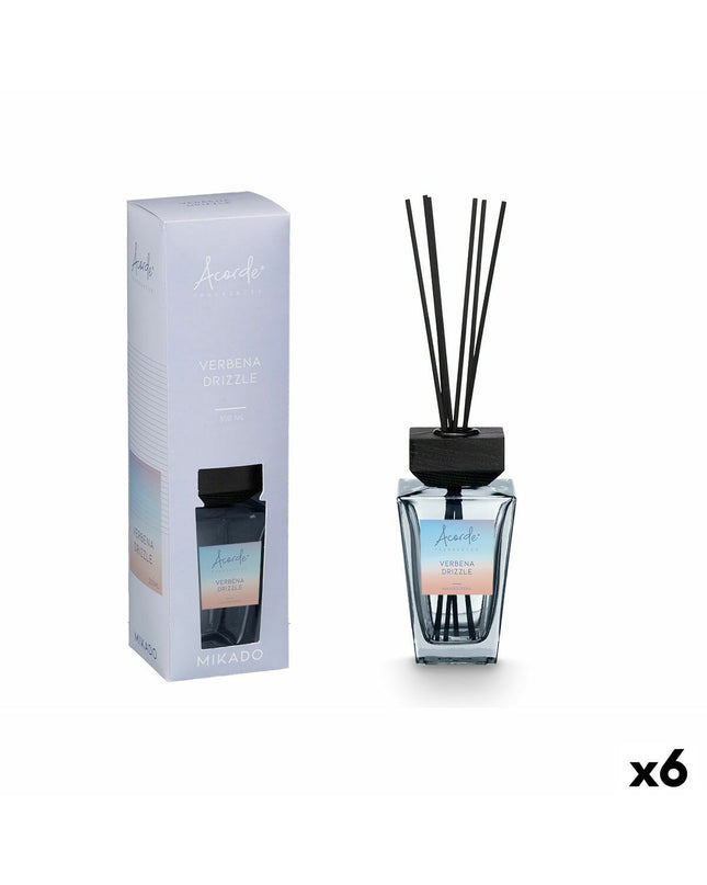 Set of six Acorde Verbena Drizzle parfum sticks for home decor and fragrance, featuring elegant packaging and reed diffusers.
