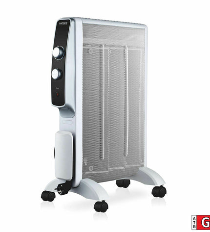Haeger MH-15W.006A white 1500W portable heater for home and cooking, featuring a compact design and adjustable temperature controls.