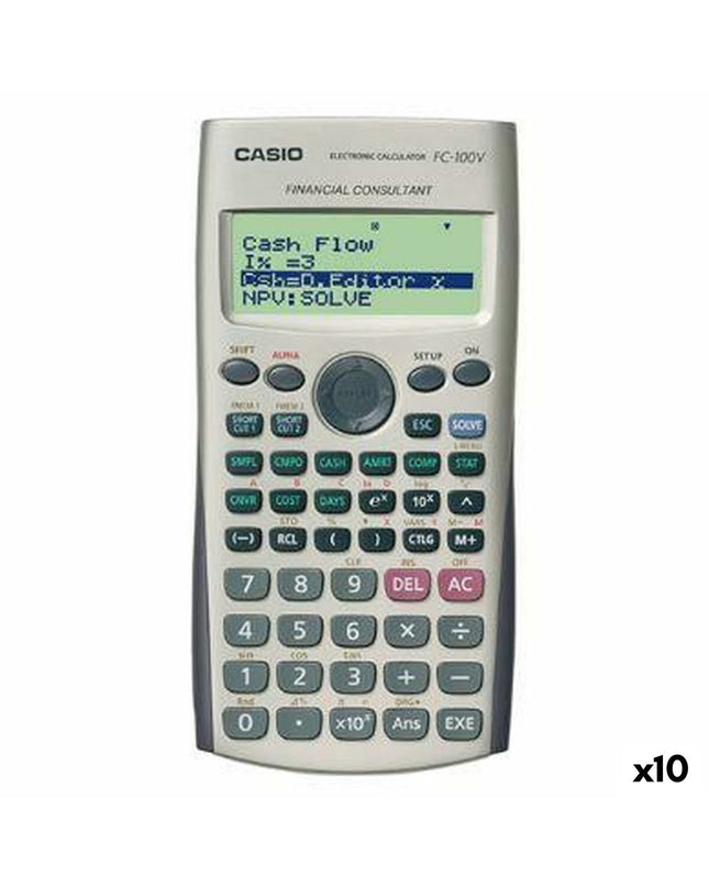 Set of 10 Casio FC-100V scientific calculators in gray, perfect for office and school use, featuring a compact design and easy-to-read display.