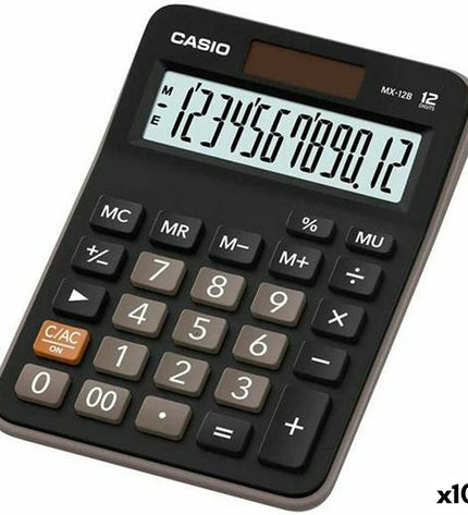 Casio MX-12B black calculator, 14.7 x 10.6 x 2.9 cm, shown with 10 units, suitable for office and writing supplies.