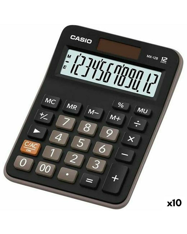 Casio MX-12B black calculator, 14.7 x 10.6 x 2.9 cm, shown with 10 units, suitable for office and writing supplies.
