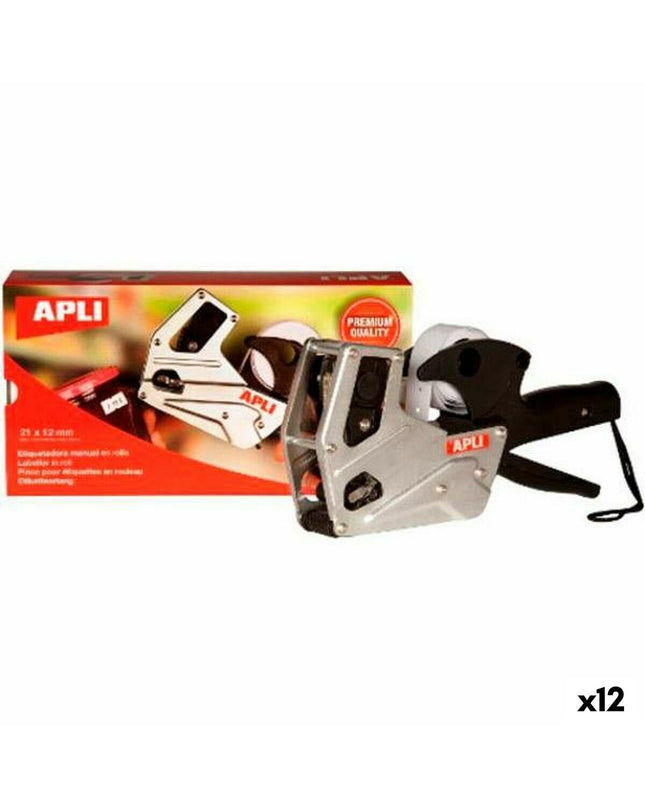 Apli Premium 21x12mm manual label maker with 12 label strips, suitable for office labeling and organization.