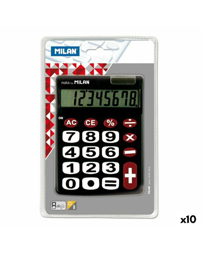 Set of 10 Milan Dual Black calculators, compact office electronics, 14.5 x 10.6 x 2.1 cm, suitable for office and stationery use.