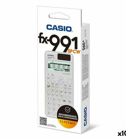 Icon of Casio FX-991SPCW scientific calculator, showing keypad layout and display screen in a clean, professional office setting.