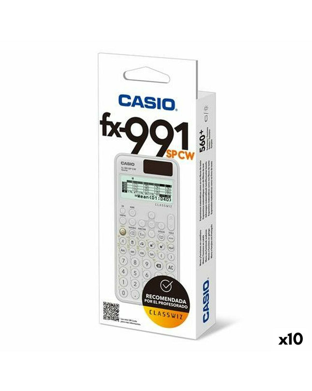 Icon of Casio FX-991SPCW scientific calculator, showing keypad layout and display screen in a clean, professional office setting.